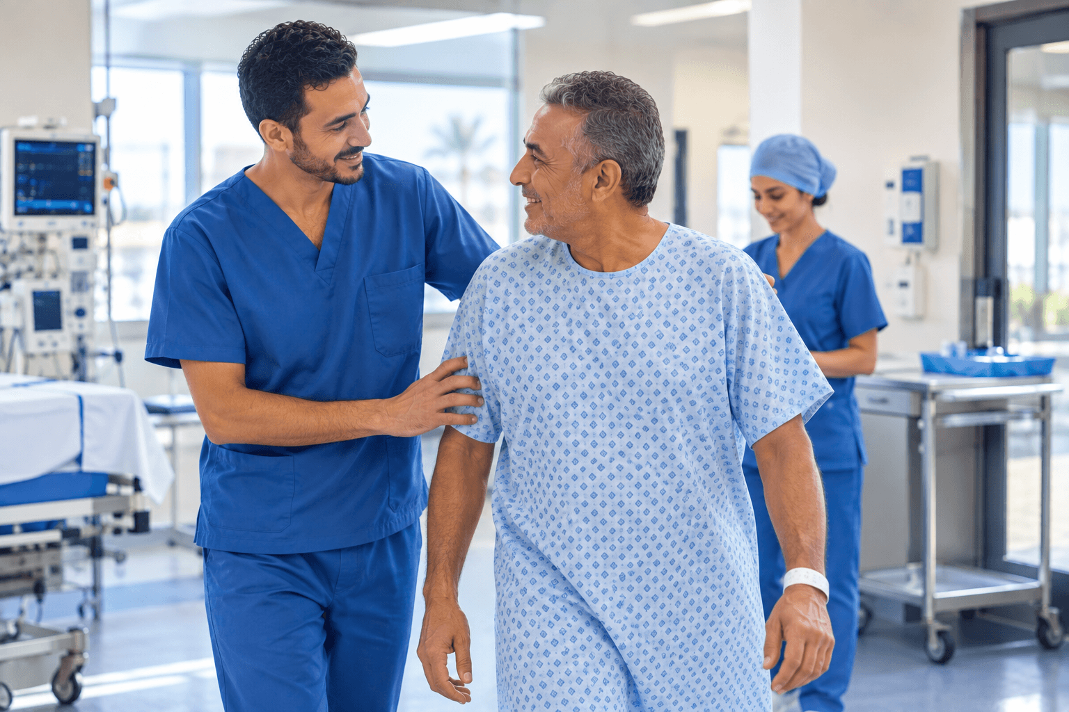 Un soignant accompagne un patient qui remarche après son intervention